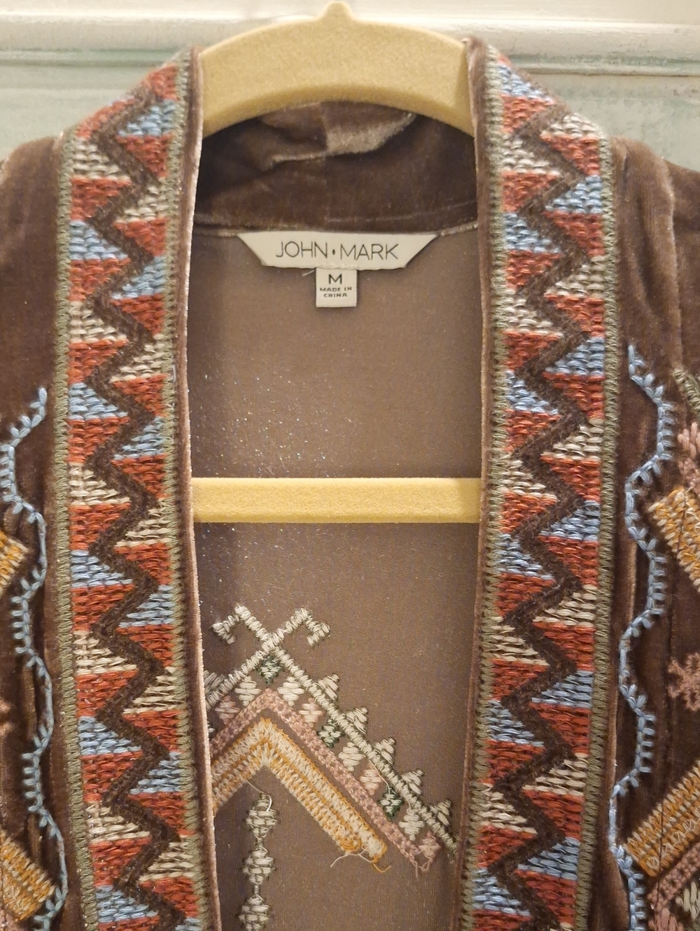 John Mark women's Brown velvet duster with Multicolor Embroidery